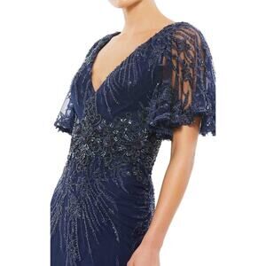 Mac Duggal Embroidered Embellishment Beaded Floral Rosette Dress Gown Maxi